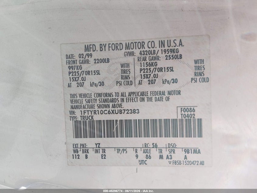 1999 FORD RANGER TRUCK 2.5L I-4 119HP