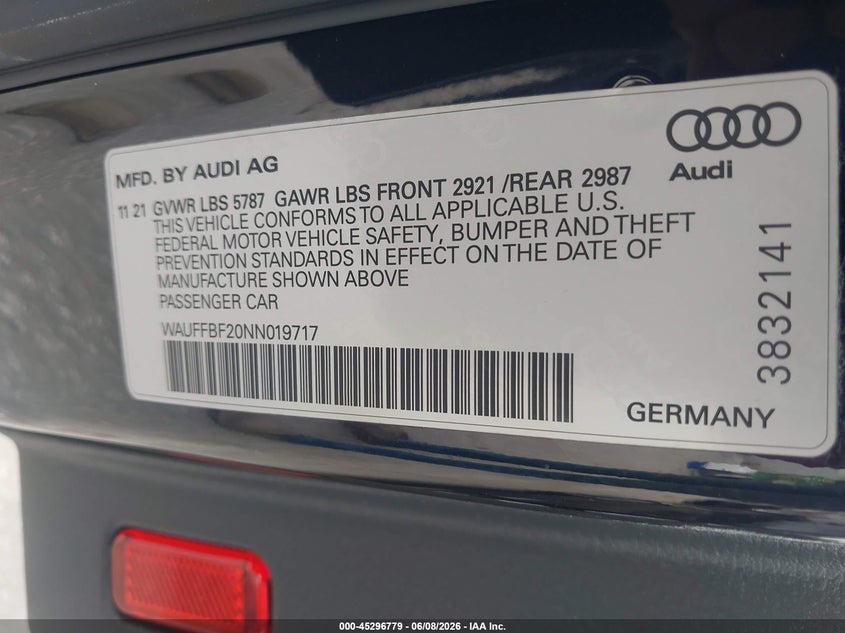 2022 Audi S6 Prestige Tfsi Quattro Tiptronic VIN: WAUFFBF20NN019717 Lot: 45296779