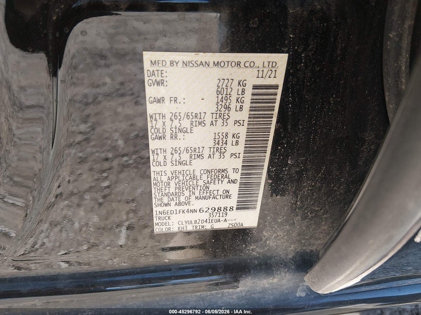 2022 NISSAN FRONTIER 3.8L V-6 DI, DOHC, V(VIN: 1N6ED1FK4NN629888