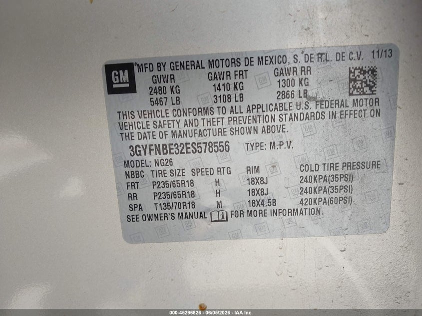 CADILLAC SRX 2014 VIN 3GYFNBE32ES578556