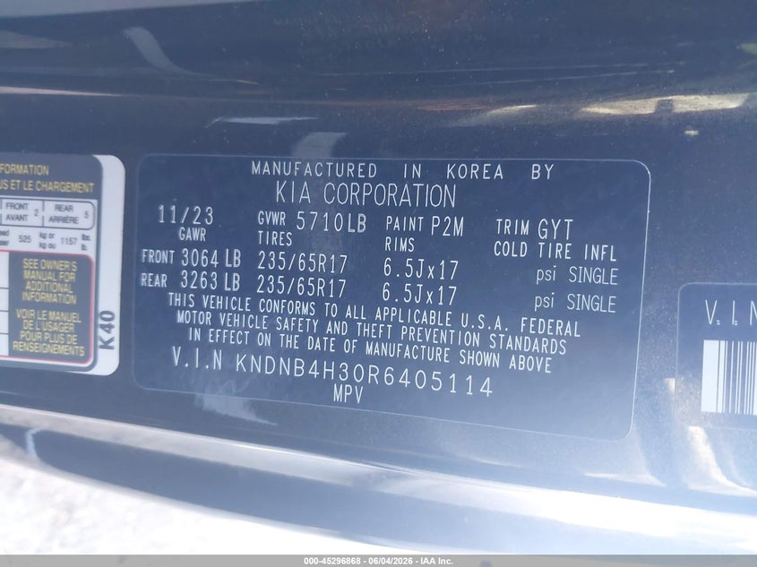 2024 Kia Carnival Mpv Lx VIN: KNDNB4H30R6405114 Lot: 45296868