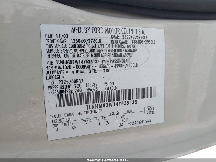 2004 Lincoln Town Car Ultimate VIN: 1LNHM83W14Y635138 Lot: 45296911