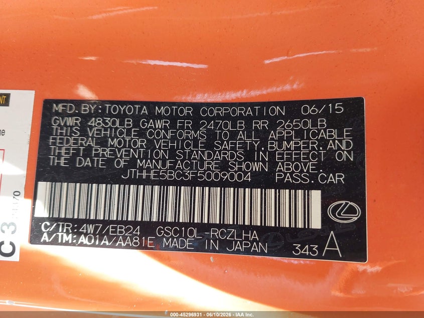 2015 Lexus Rc 350 VIN: JTHHE5BC3F5009004 Lot: 45296931