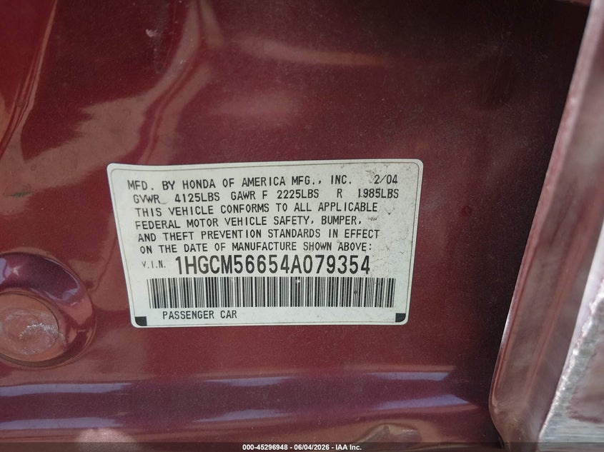 2004 Honda Accord 2.4 Ex VIN: 1HGCM56654A079354 Lot: 45296948