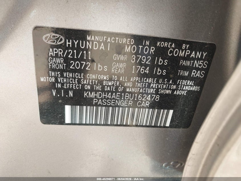 2011 Hyundai Elantra Limited (Ulsan Plant) VIN: KMHDH4AE1BU162478 Lot: 45296971