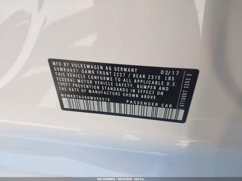 2017 Volkswagen E-Golf Se VIN: WVWKR7AU8HW950379 Lot: 45296983