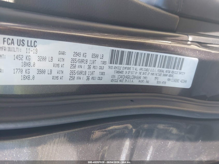 2020 Dodge Durango Sxt Rwd VIN: 1C4RDHAG8LC204604 Lot: 45297029