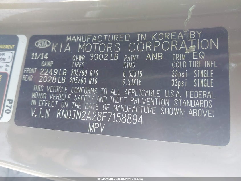 2015 Kia Soul VIN: KNDJN2A28F7158894 Lot: 45297045