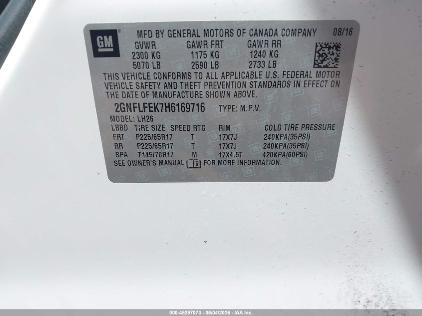 2017 Chevrolet Equinox Lt VIN: 2GNFLFEK7H6169716 Lot: 45297073