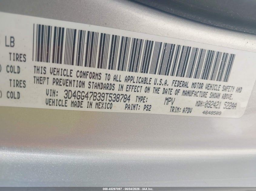2009 Dodge Journey Se VIN: 3D4GG47B39T538784 Lot: 45297097