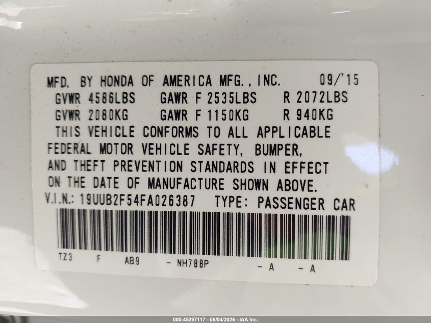 2015 Acura Tlx V6 Tech VIN: 19UUB2F54FA026387 Lot: 45297117