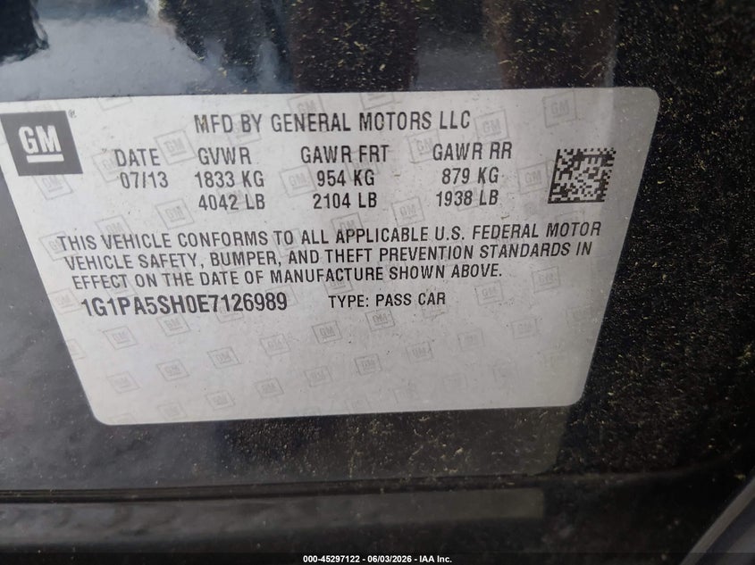 2014 Chevrolet Cruze Ls Auto VIN: 1G1PA5SH0E7126989 Lot: 45297122
