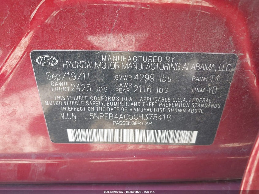 2012 Hyundai Sonata 2.4 Gls red Lot 111045297137 Vin 5NPEB4AC5CH378418