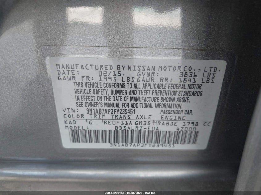2015 Nissan Sentra Sr VIN: 3N1AB7AP3FY239451 Lot: 45297145