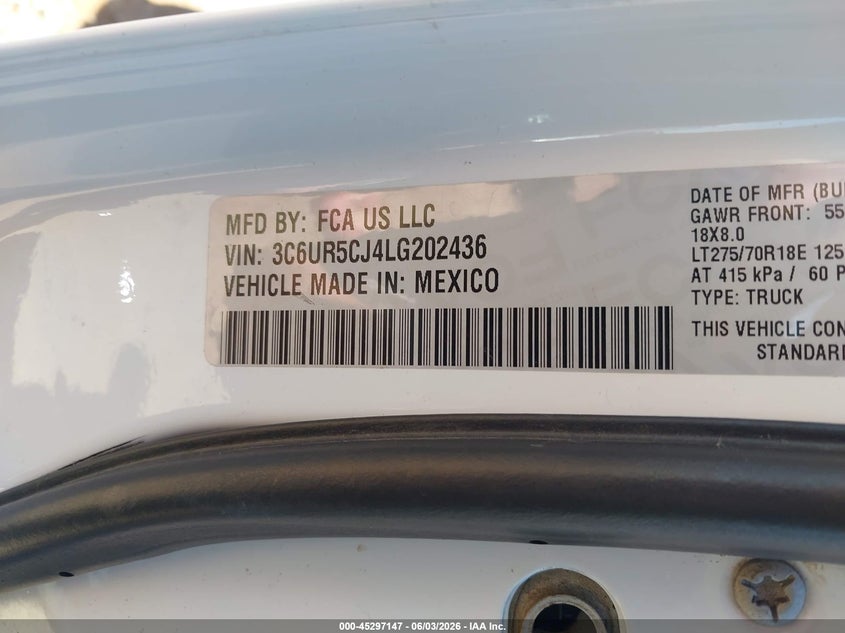 2020 Ram 2500 Tradesman 4X4 6'4 Box VIN: 3C6UR5CJ4LG202436 Lot: 45297147