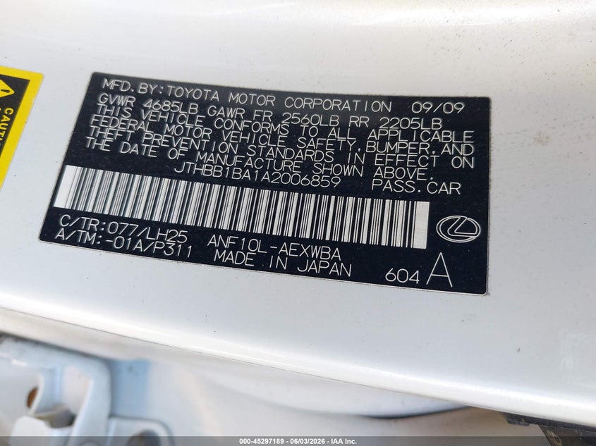 2010 Lexus Hs 250H Premium VIN: JTHBB1BA1A2006859 Lot: 45297189