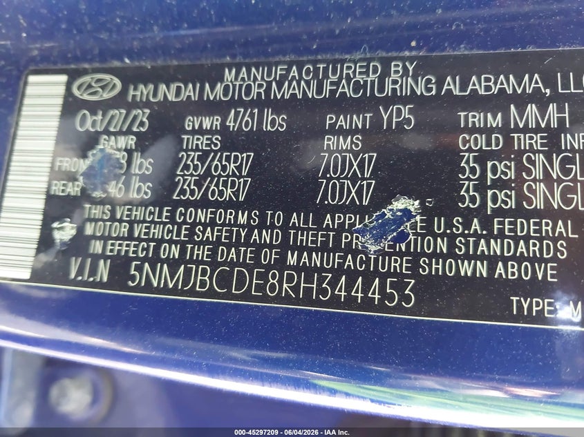 2024 Hyundai Tucson Sel VIN: 5NMJBCDE8RH344453 Lot: 45297209