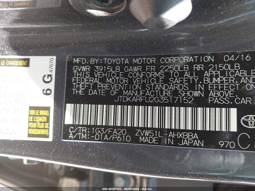 2016 Toyota Prius Two Eco VIN: JTDKARFU2G3517152 Lot: 45297283