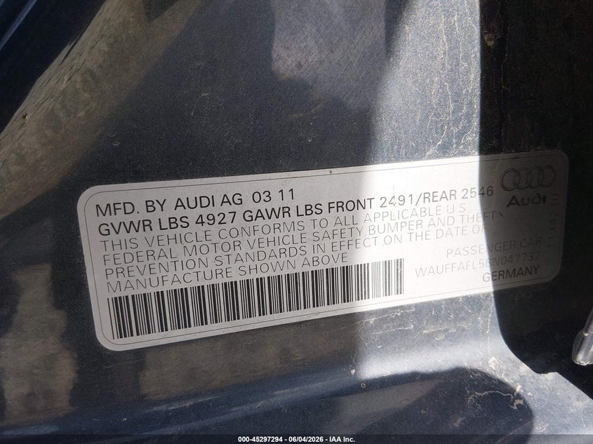 2011 Audi A4 2.0T Premium VIN: WAUFFAFL5BN047737 Lot: 45297294