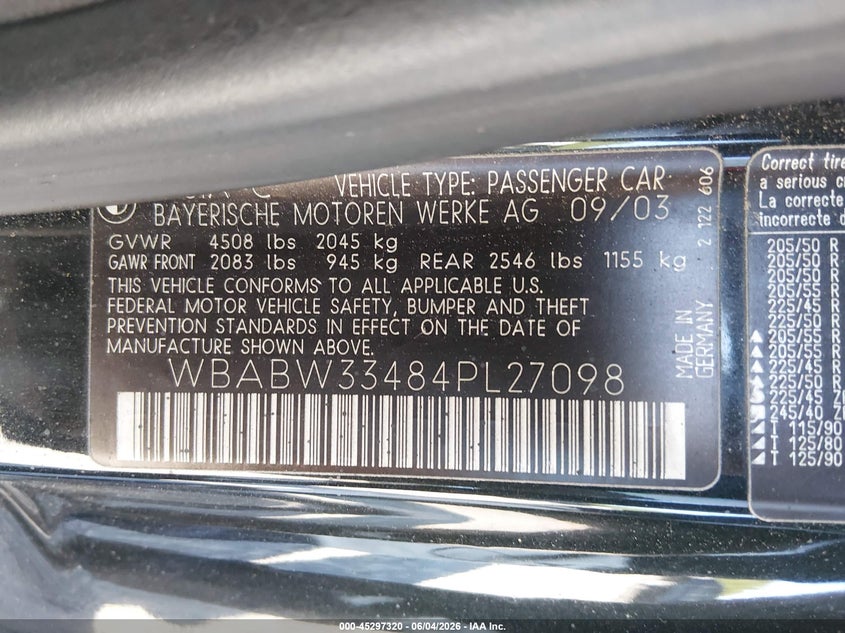 2004 BMW 3ER CABRIO 2.5L I-6 DOHC, VVT, 184HP