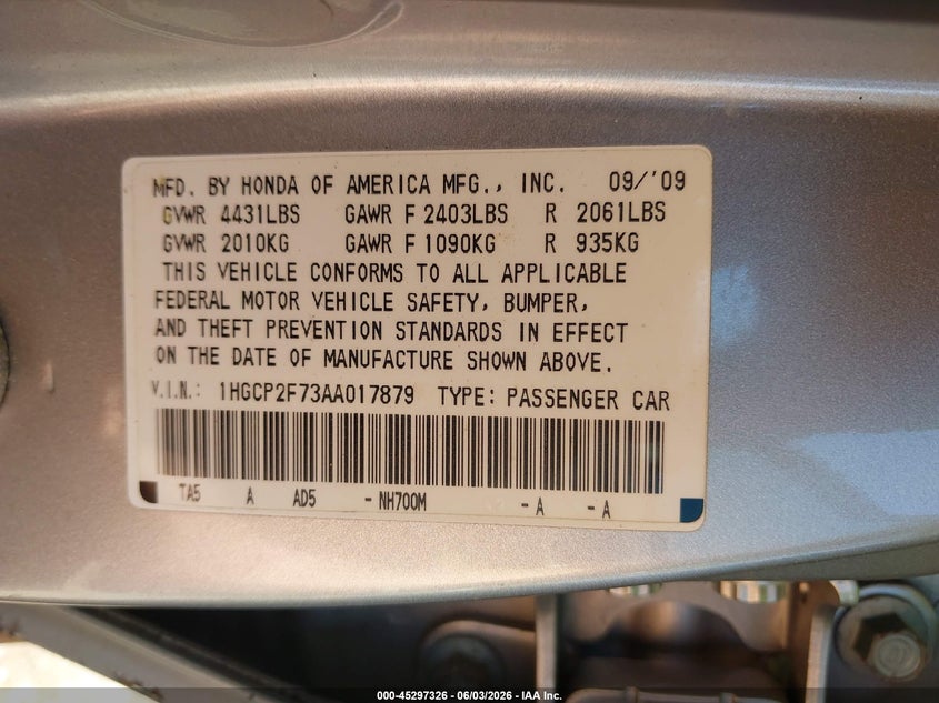 2010 Honda Accord 2.4 Ex VIN: 1HGCP2F73AA017879 Lot: 45297326