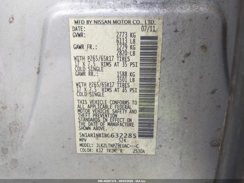 2011 Nissan Pathfinder Sv VIN: 5N1AR1NB1BC632285 Lot: 45297376