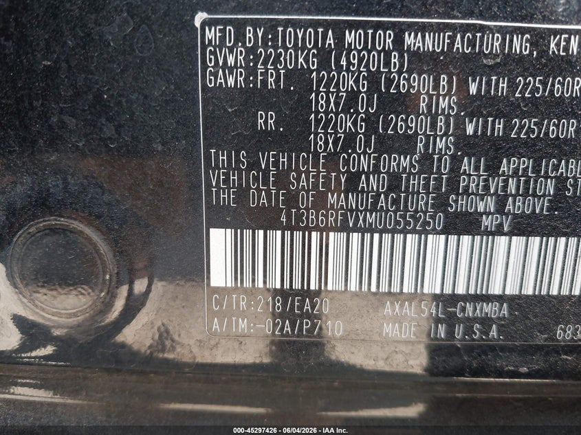 2021 Toyota Rav4 Hybrid Xle Premium VIN: 4T3B6RFVXMU055250 Lot: 45297426