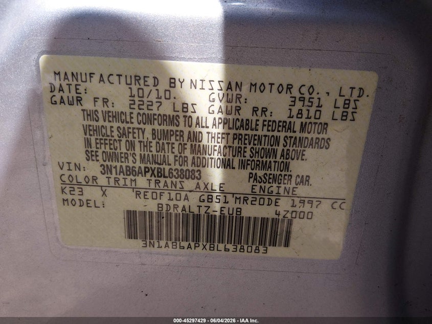 2011 NISSAN SENTRA SEDAN 2.0L I-4 DOHC, VVT, 140HP