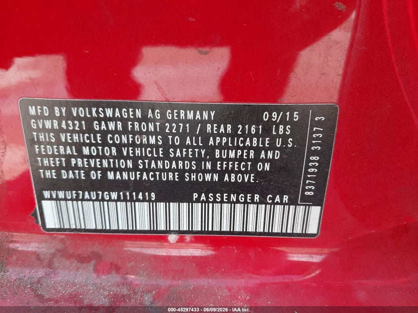 2016 Volkswagen Golf R 4-Door VIN: WVWUF7AU7GW111419 Lot: 45297433
