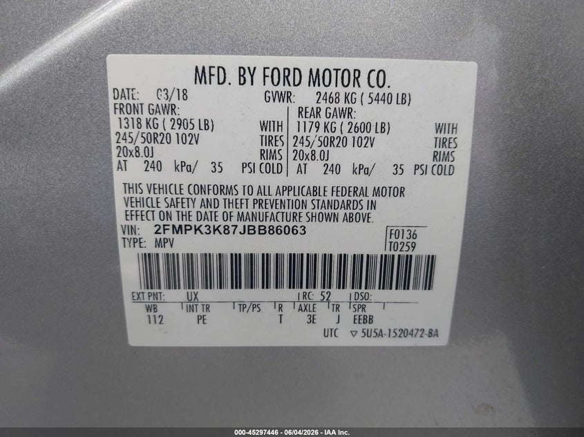 2018 Ford Edge Titanium VIN: 2FMPK3K87JBB86063 Lot: 45297446