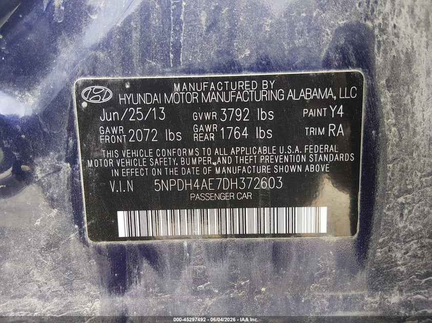 2013 Hyundai Elantra Gls VIN: 5NPDH4AE7DH372603 Lot: 45297492