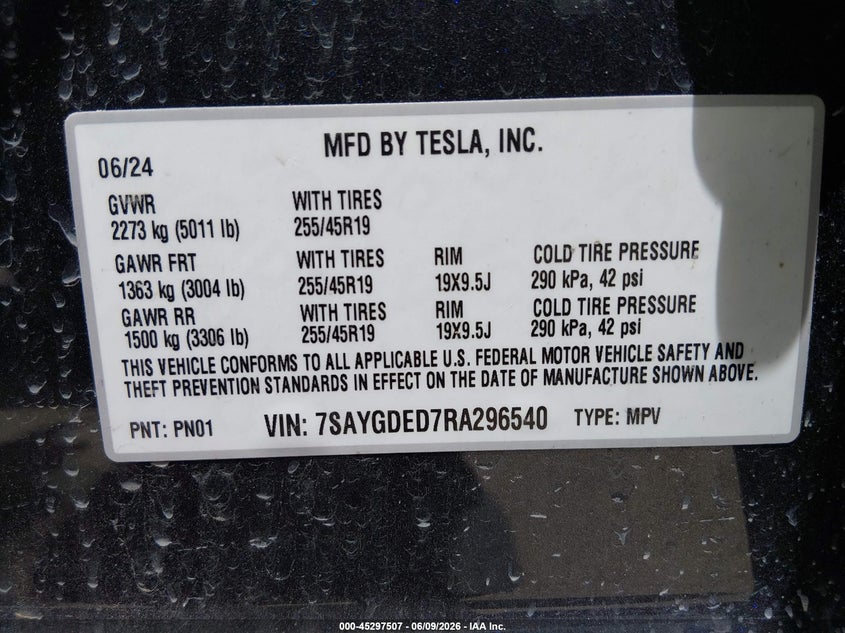 2024 TESLA MODEL Y ELECTRIC(VIN: 7SAYGDED7RA296540