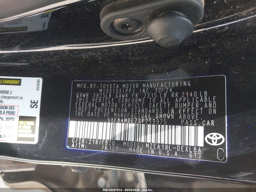 2025 Toyota Corolla Le VIN: 5YFB4MDE7SP259975 Lot: 45297514