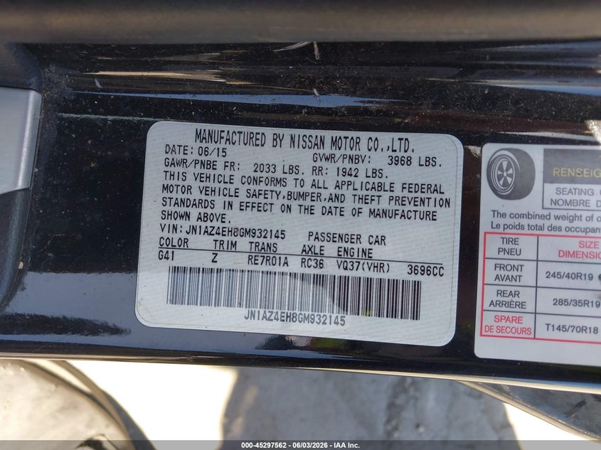 2016 Nissan 370Z Nismo Tech VIN: JN1AZ4EH8GM932145 Lot: 45297562