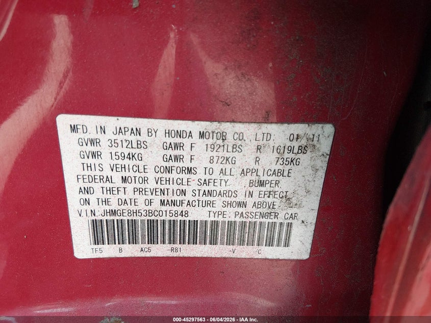 2011 Honda Fit Sport VIN: JHMGE8H53BC015848 Lot: 45297563