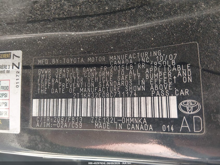 2008 Toyota Matrix Xr VIN: 2T1KR32E08C711174 Lot: 45297624