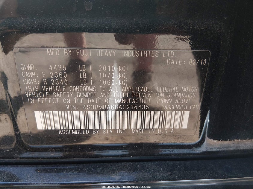 2010 Subaru Legacy 2.5I VIN: 4S3BMBA68A3235435 Lot: 45297667