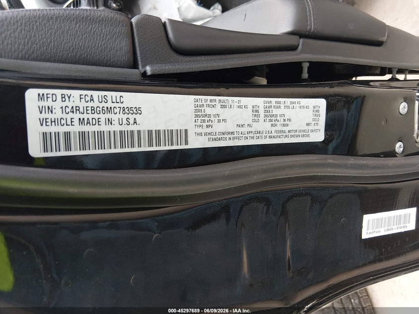 2021 JEEP GRAND CHEROKEE 3.6L V-6 DOHC, VVT, (VIN: 1C4RJEBG6MC783535