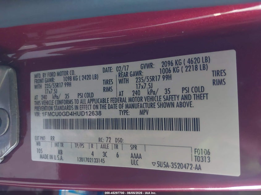 VIN 1FMCU0GD4HUD12638 2017 FORD ESCAPE SE