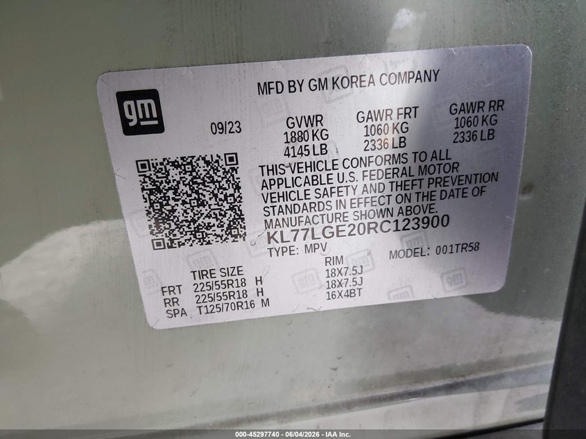 2024 Chevrolet Trax Fwd 1Rs VIN: KL77LGE20RC123900 Lot: 45297740