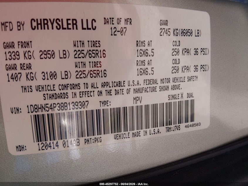 2008 Dodge Grand Caravan Sxt VIN: 1D8HN54P38B139307 Lot: 45297752