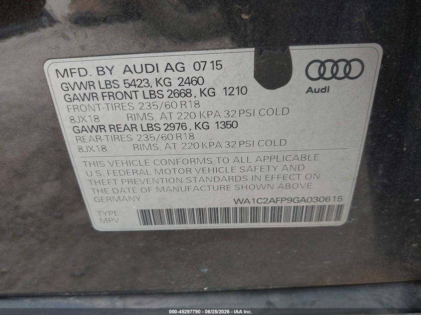 2016 Audi Q5 2.0T Premium VIN: WA1C2AFP9GA030615 Lot: 45297790