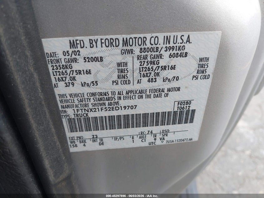 2002 Ford F-250 Lariat/Xl/Xlt VIN: 1FTNX21F52ED19707 Lot: 45297896