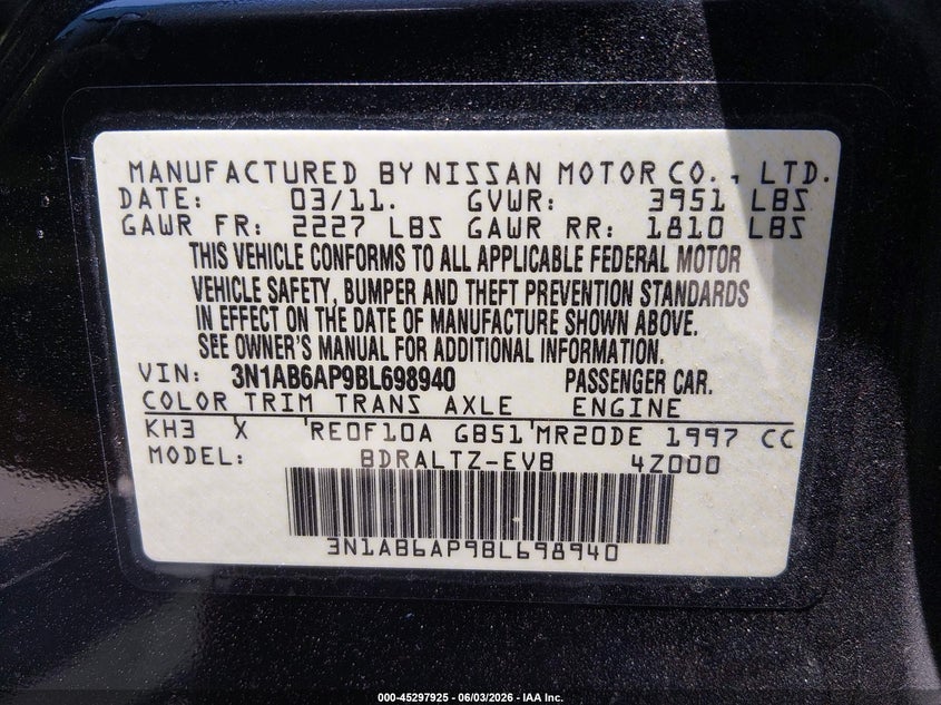 2011 Nissan Sentra 2.0S VIN: 3N1AB6AP9BL698940 Lot: 45297925