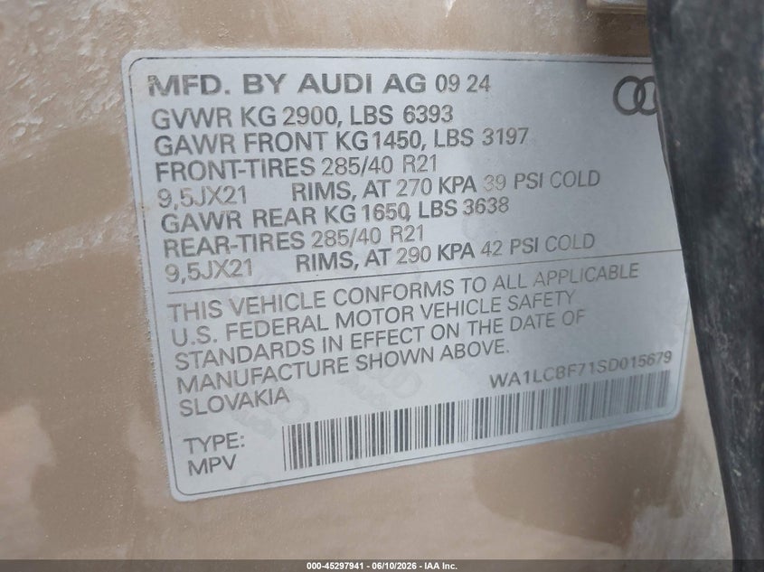 2025 AUDI Q7 2.0L I-4 DI, DOHC, V(VIN: WA1LCBF71SD015679