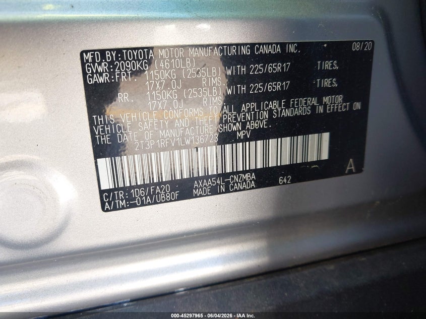 2020 Toyota Rav4 Xle VIN: 2T3P1RFV1LW136723 Lot: 45297965