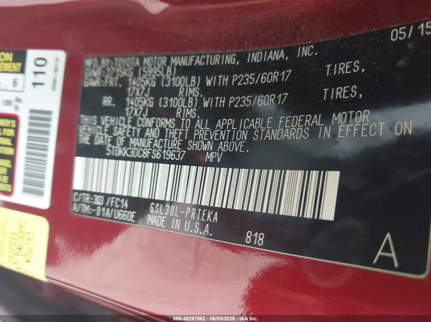 2015 Toyota Sienna Le 8 Passenger VIN: 5TDKK3DC8FS619637 Lot: 45297982