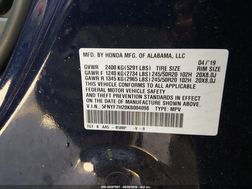 2019 Honda Passport Sport VIN: 5FNYF7H20KB004098 Lot: 45297987