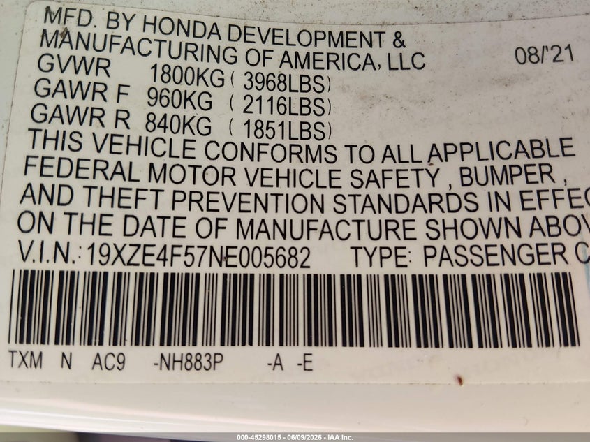 2022 Honda Insight Ex VIN: 19XZE4F57NE005682 Lot: 45298015