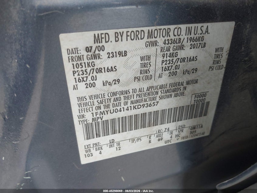 2001 Ford Escape Xlt VIN: 1FMYU04141KD93657 Lot: 45298069